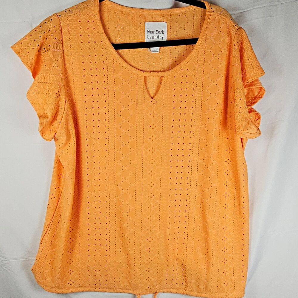 New York Laundry Women’s 2X Orange Knit Eyelet Ruffle Sleeve Scoop Neck Top